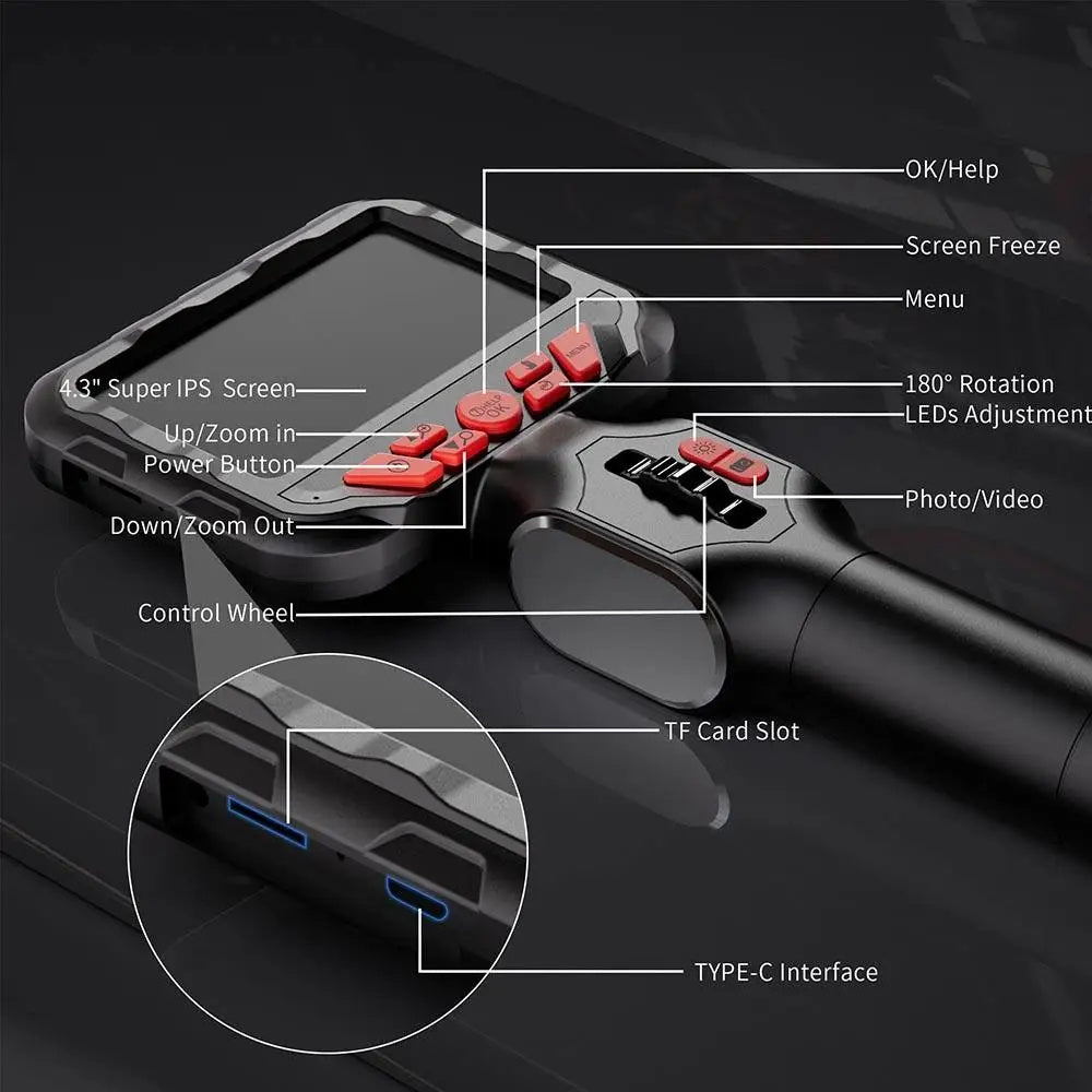 4.3-inch 360-degree rotation handheld endoscope with screen, 6mm, 3.9mm, 6.5mm, single-lens and dual-lens, IP67