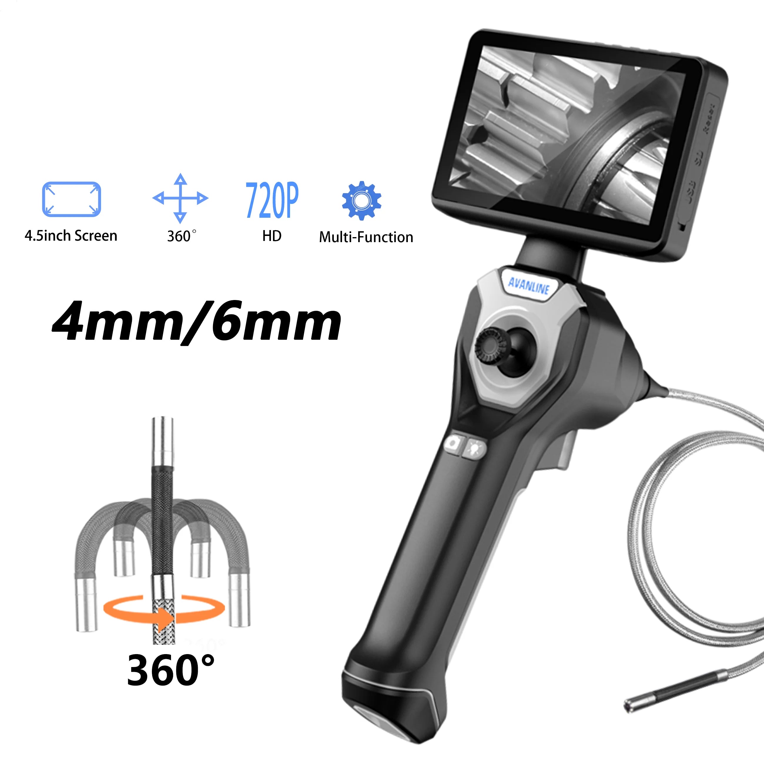 Industrial Videoscope360 Degrees Articulating Videoscope 4.0mm 6.0mm 720p 8LEDs Multi Function 1M 4.5 Inch Industrial Videoscope