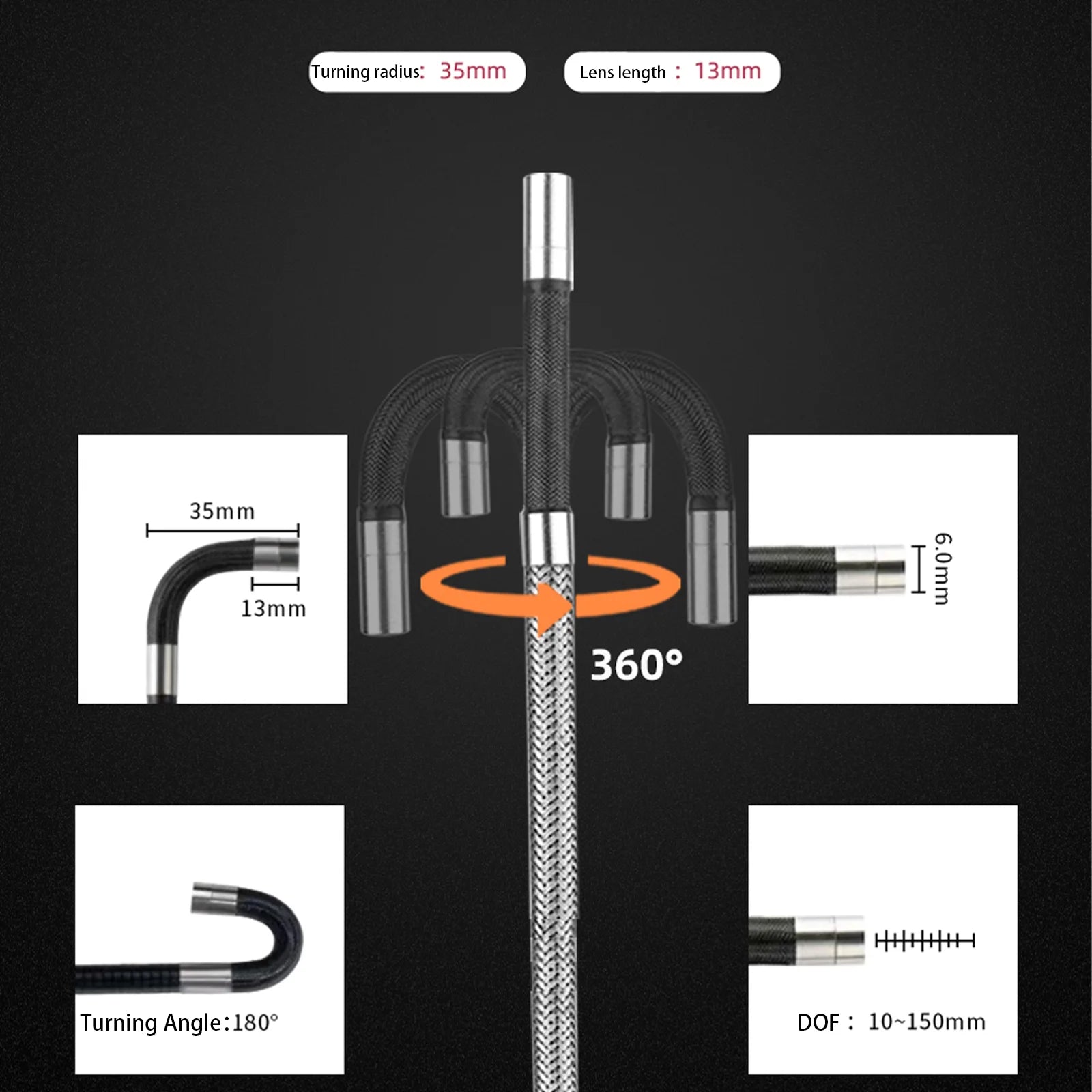 Industrial Videoscope 360 Degrees Articulating Borescope 4.0mm/6.0mm Industrial Videoscope 720p 8LEDs Multi-function a 1M