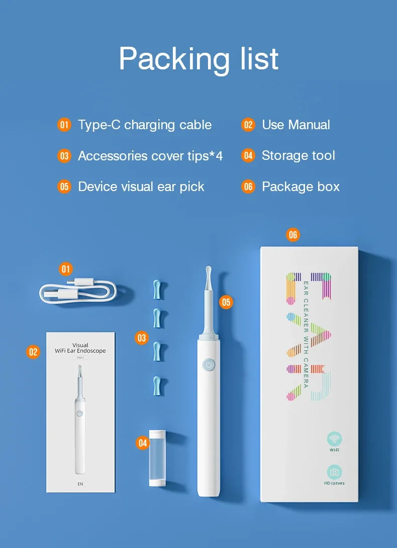 Electric 6 Leds Smart Visual Ear Cleaner Camera Spiral Ear Wax Remover with WiFi 3.9mm for Kids hd Otoscope
