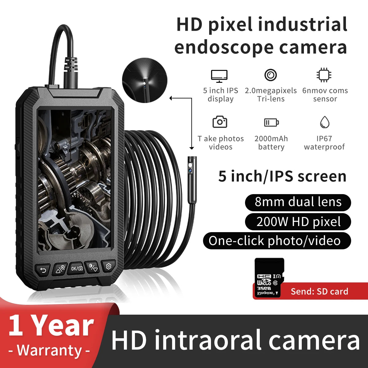 Factory Customized 8mm Triple Lens 5 Inch Handle Inspection Borescope Camera Multi Vehicle Diagnostic Tool Scope for Industrial